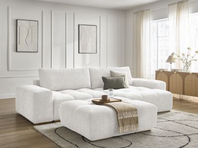 Canapé d'angle convertible réversible coffre ANAKIN tissu bouclette avec pouf