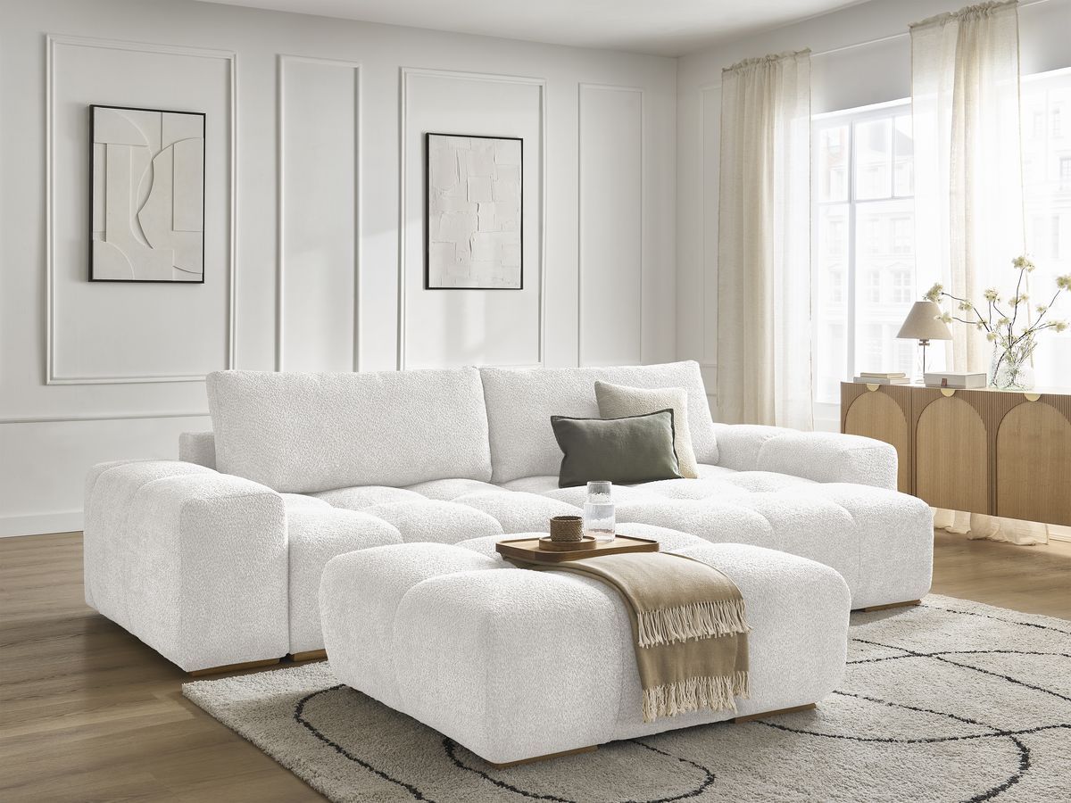 Canapé d'angle convertible réversible coffre ANAKIN tissu bouclette avec pouf