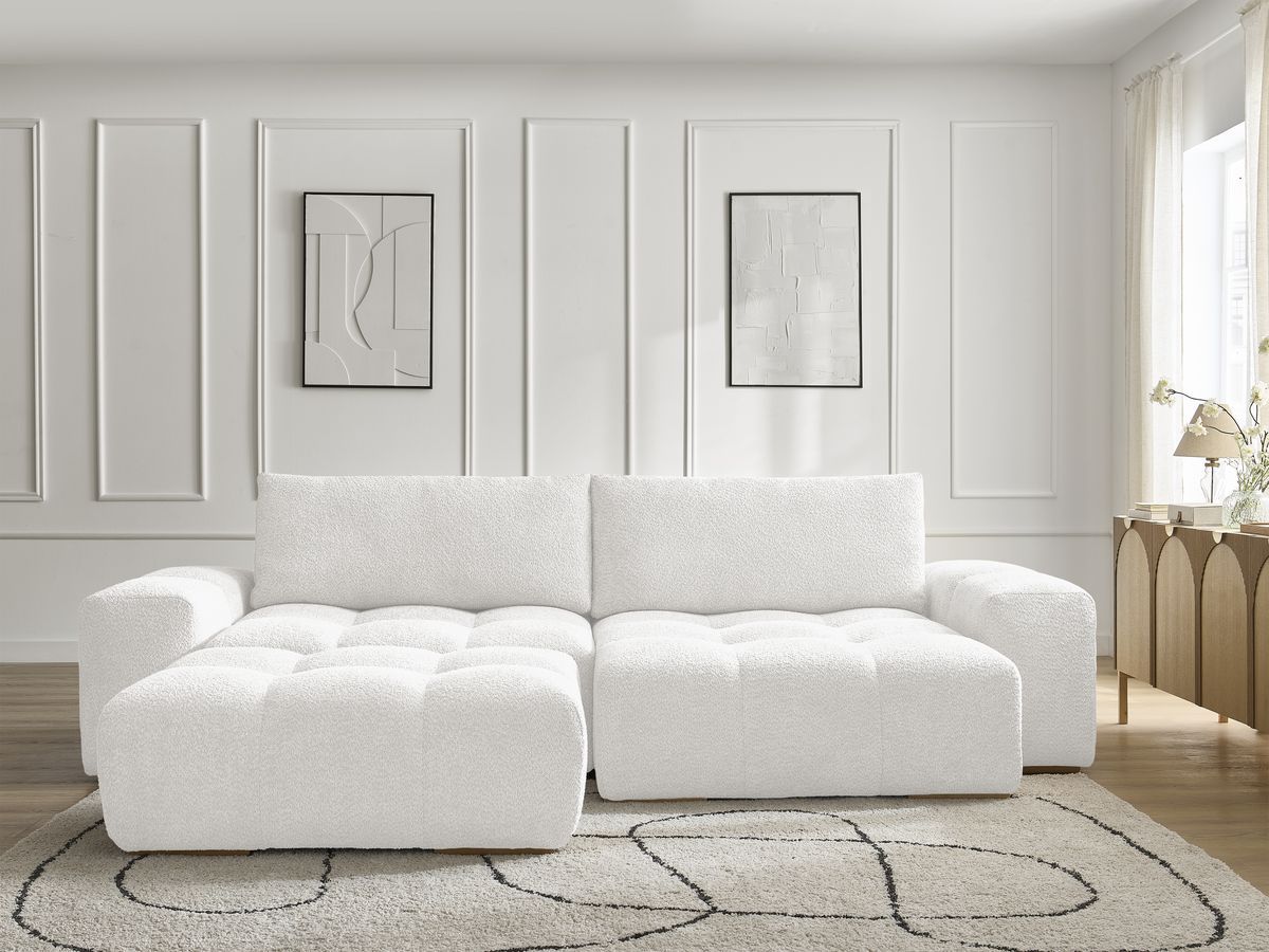Canapé d'angle convertible réversible coffre ANAKIN bouclette avec pouf blanc — vue 5