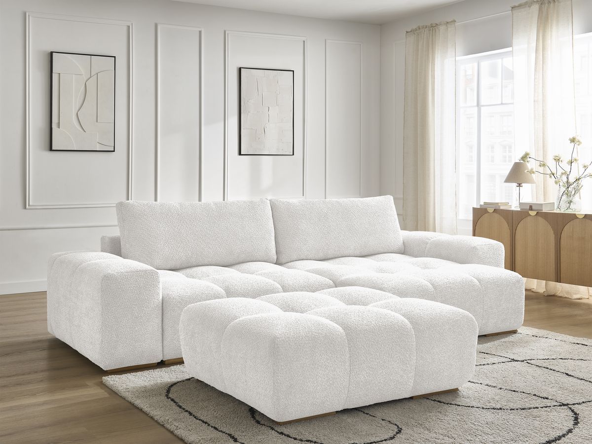 Canapé d'angle convertible réversible coffre ANAKIN tissu bouclette avec pouf