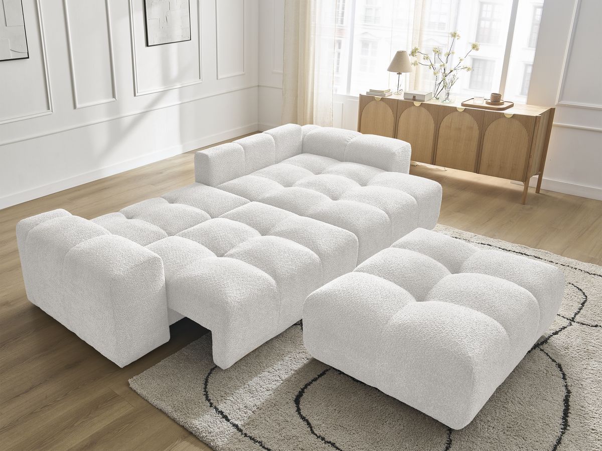 Canapé d'angle convertible réversible coffre ANAKIN tissu bouclette avec pouf