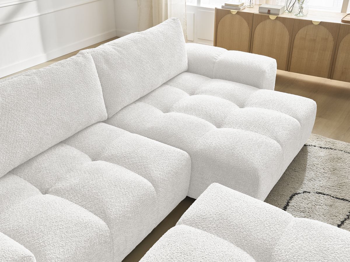 Canapé d'angle convertible réversible coffre ANAKIN tissu bouclette avec pouf