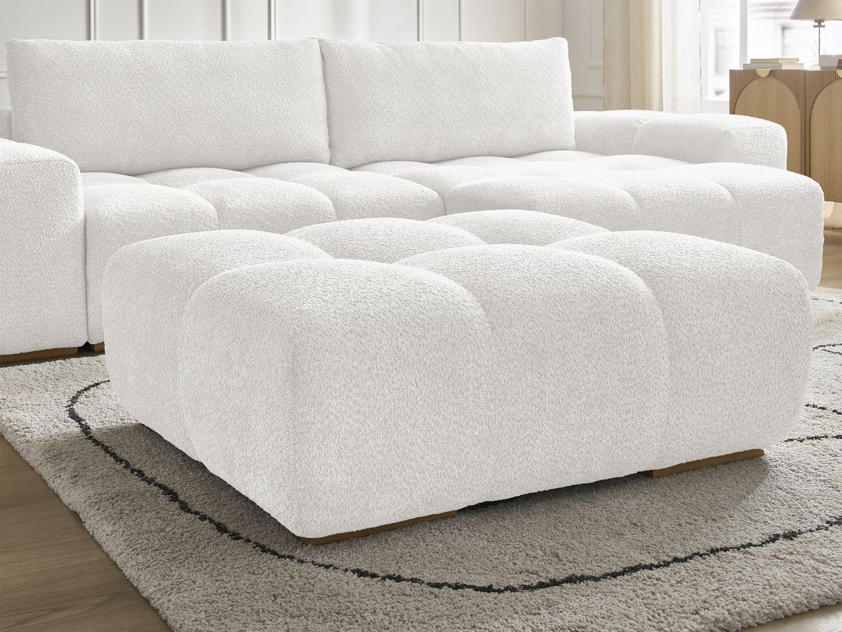 Canapé d'angle convertible réversible coffre ANAKIN tissu bouclette avec pouf
