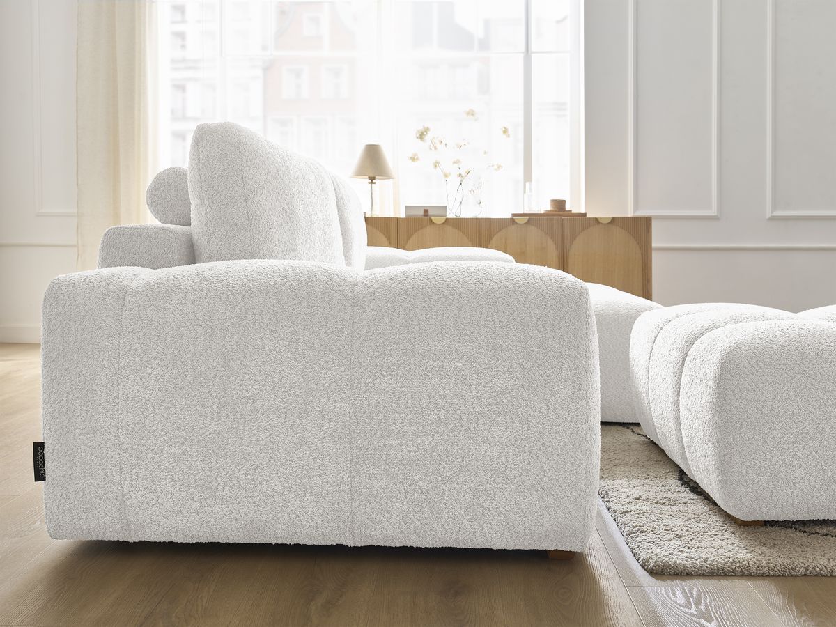 Canapé d'angle convertible réversible coffre ANAKIN tissu bouclette avec pouf