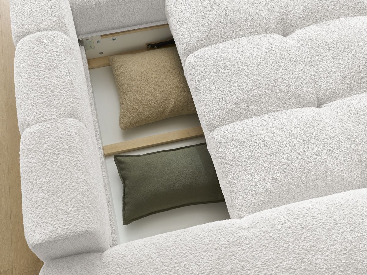 Canapé d'angle convertible réversible coffre ANAKIN tissu bouclette avec pouf