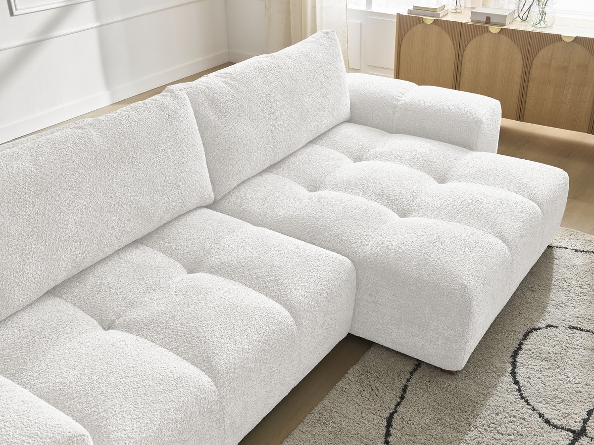 Canapé d'angle convertible réversible coffre ANAKIN tissu bouclette avec pouf