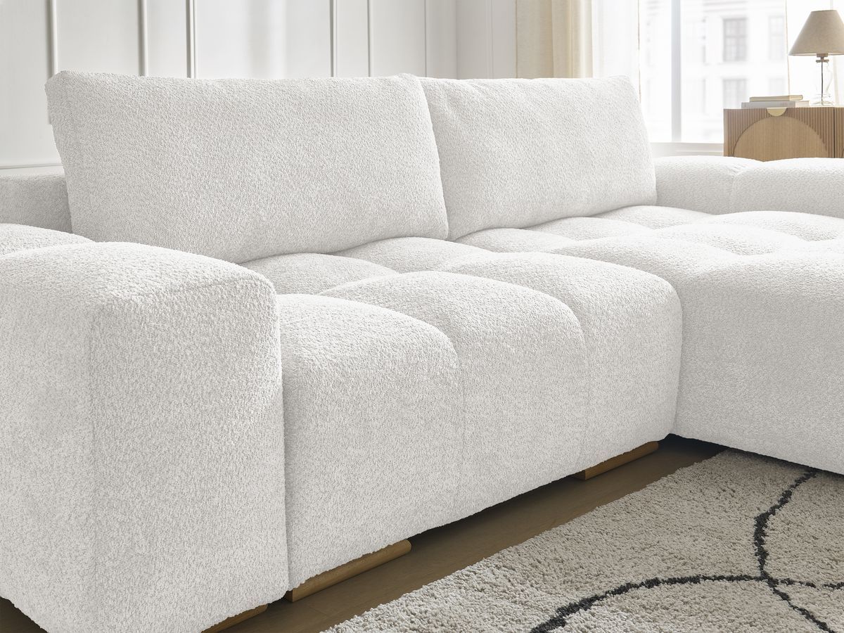 Canapé d'angle convertible réversible coffre ANAKIN tissu bouclette avec pouf