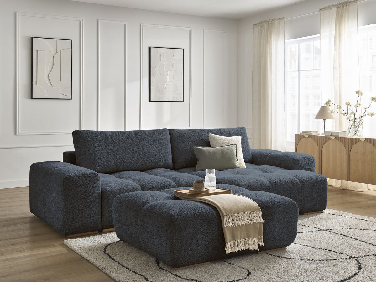 Canapé d'angle convertible réversible coffre ANAKIN tissu bouclette avec pouf