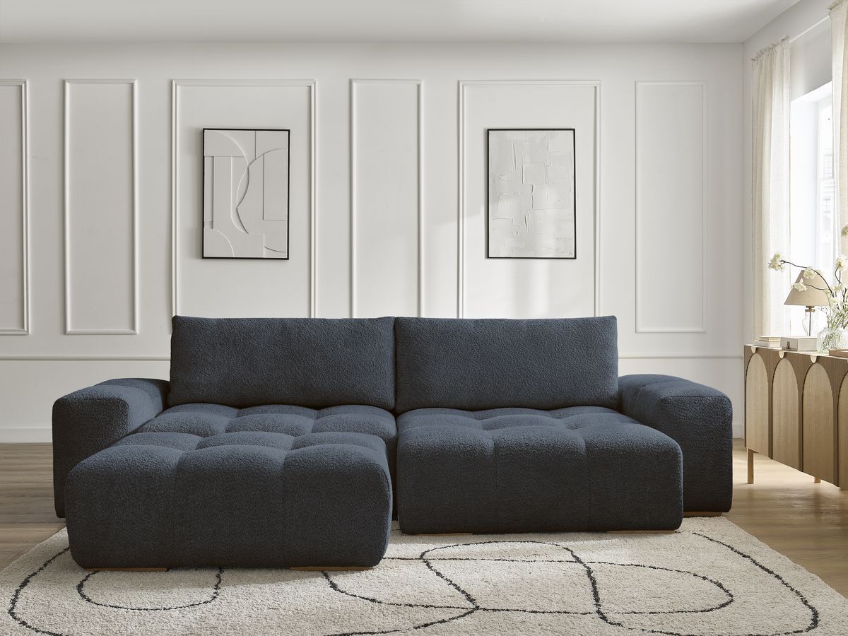 Canapé d'angle convertible réversible coffre ANAKIN bouclette avec pouf bleu foncé — vue 5