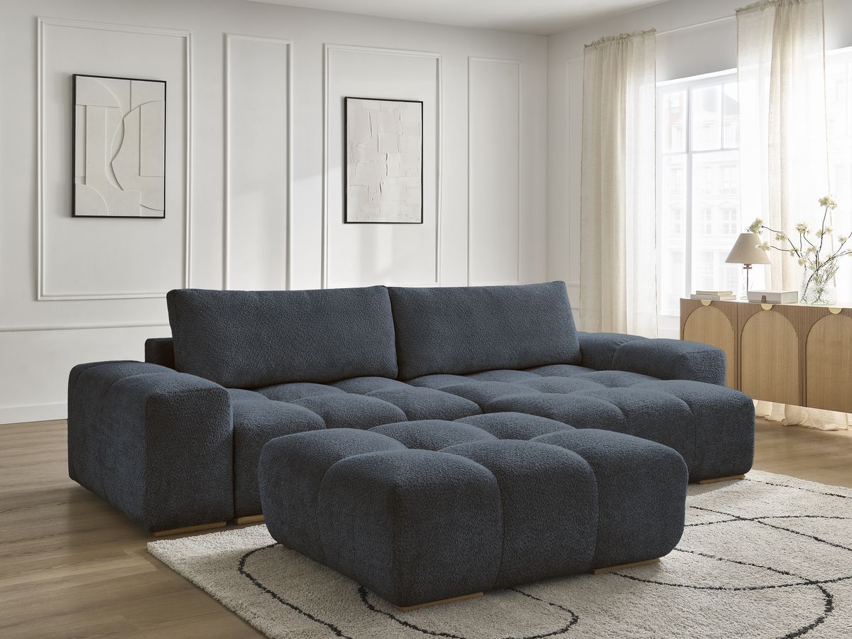 Canapé d'angle convertible réversible coffre ANAKIN tissu bouclette avec pouf