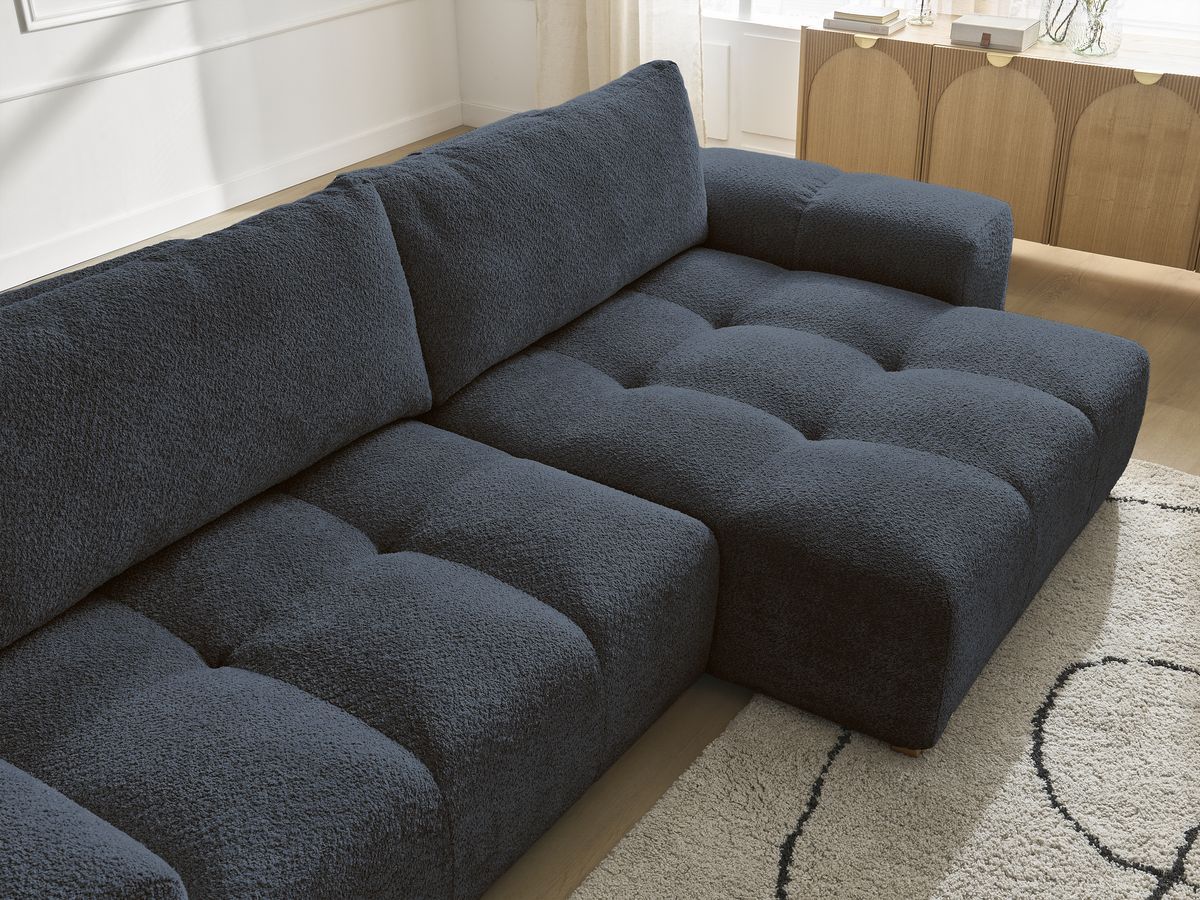 Canapé d'angle convertible réversible coffre ANAKIN tissu bouclette avec pouf