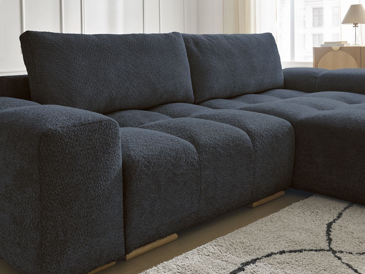 Canapé d'angle convertible réversible coffre ANAKIN tissu bouclette avec pouf