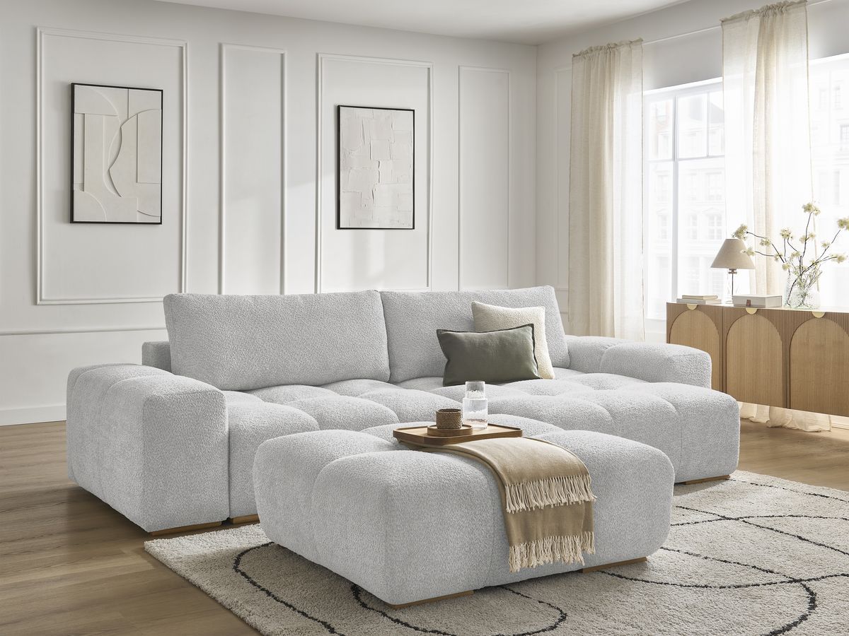 Canapé d'angle convertible réversible coffre ANAKIN tissu bouclette avec pouf