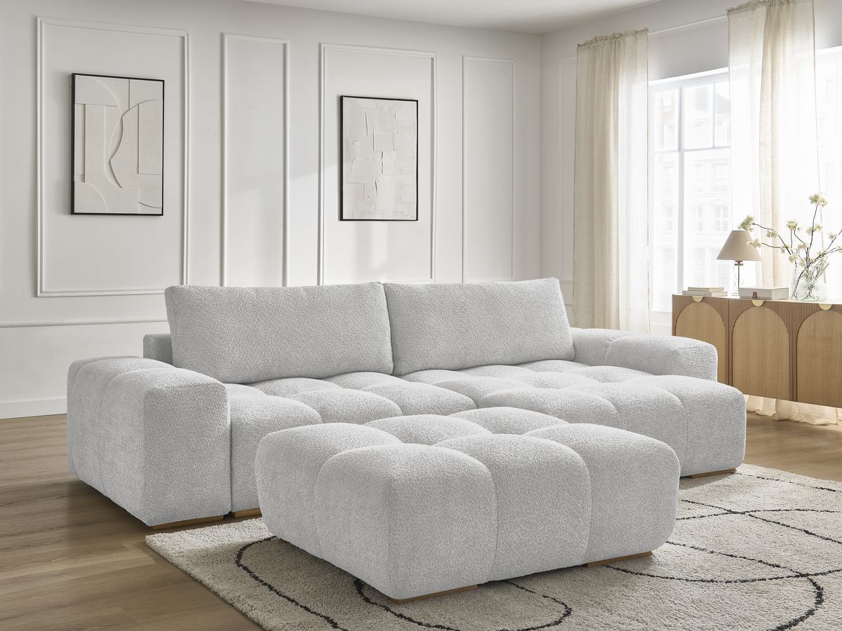 Canapé d'angle convertible réversible coffre ANAKIN tissu bouclette avec pouf