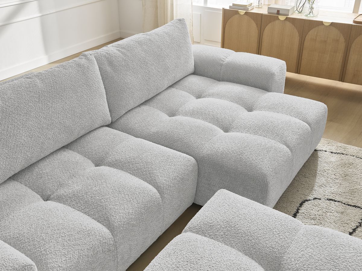 Canapé d'angle convertible réversible coffre ANAKIN tissu bouclette avec pouf