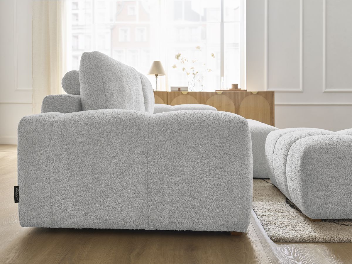 Canapé d'angle convertible réversible coffre ANAKIN tissu bouclette avec pouf
