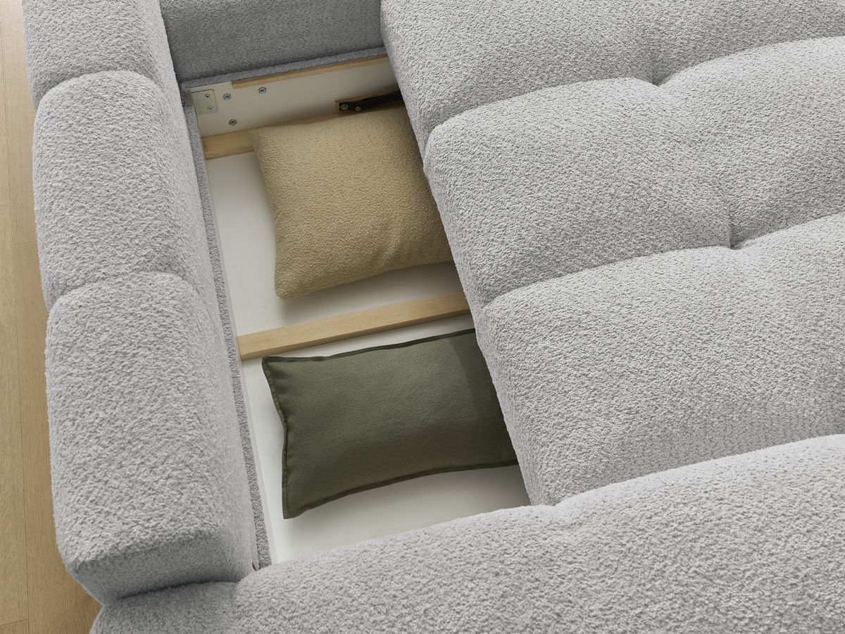 Canapé d'angle convertible réversible coffre ANAKIN tissu bouclette avec pouf