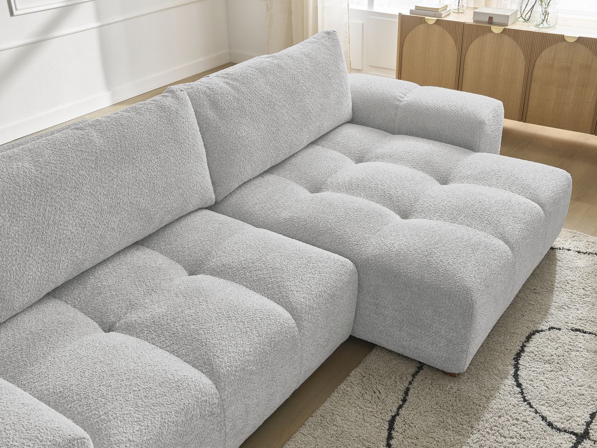 Canapé d'angle convertible réversible coffre ANAKIN tissu bouclette avec pouf