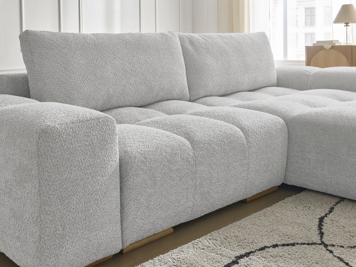 Canapé d'angle convertible réversible coffre ANAKIN tissu bouclette avec pouf
