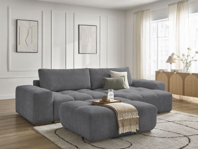 Canapé d'angle convertible réversible coffre ANAKIN tissu bouclette avec pouf