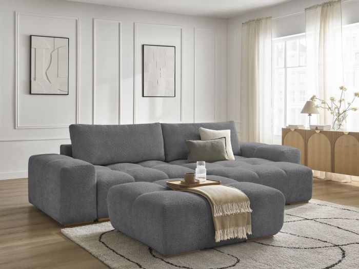 Canapé d'angle convertible réversible coffre ANAKIN tissu bouclette avec pouf