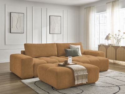 Canapé d'angle convertible réversible coffre ANAKIN tissu bouclette avec pouf