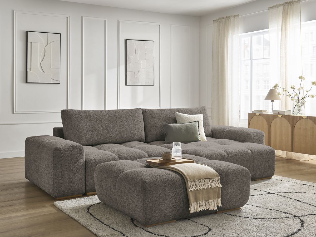 Canapé d'angle convertible réversible coffre ANAKIN tissu bouclette avec pouf