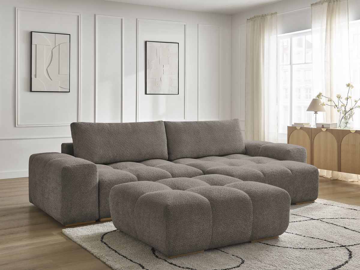 Canapé d'angle convertible réversible coffre ANAKIN tissu bouclette avec pouf