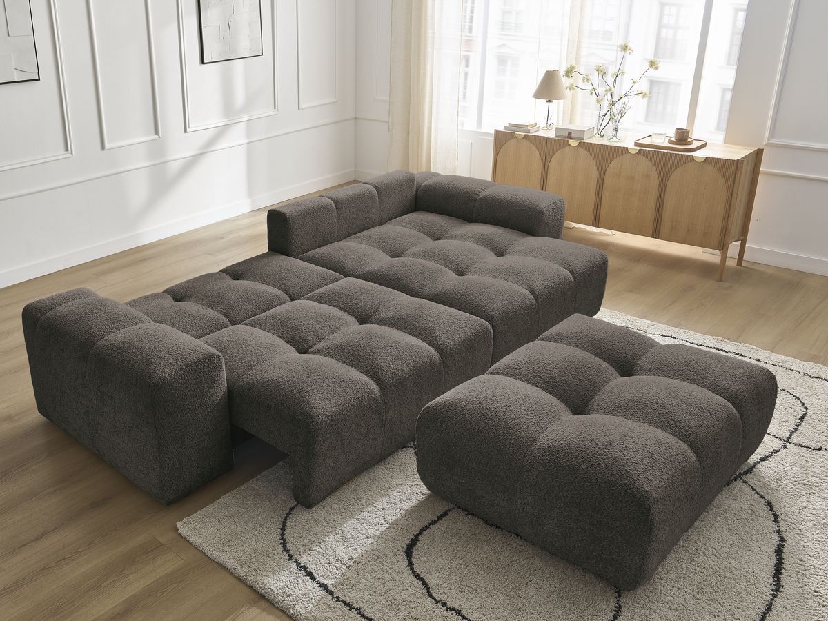 Canapé d'angle convertible réversible coffre ANAKIN tissu bouclette avec pouf
