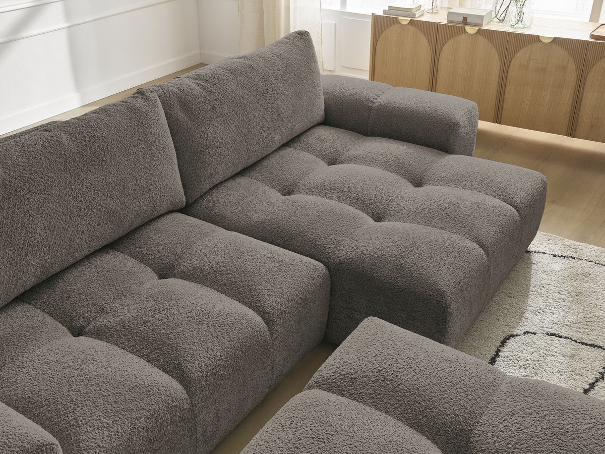 Canapé d'angle convertible réversible coffre ANAKIN tissu bouclette avec pouf