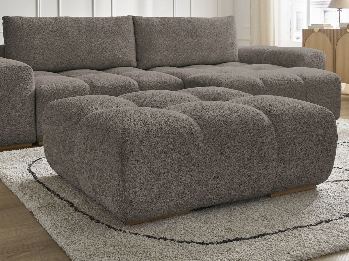 Canapé d'angle convertible réversible coffre ANAKIN tissu bouclette avec pouf