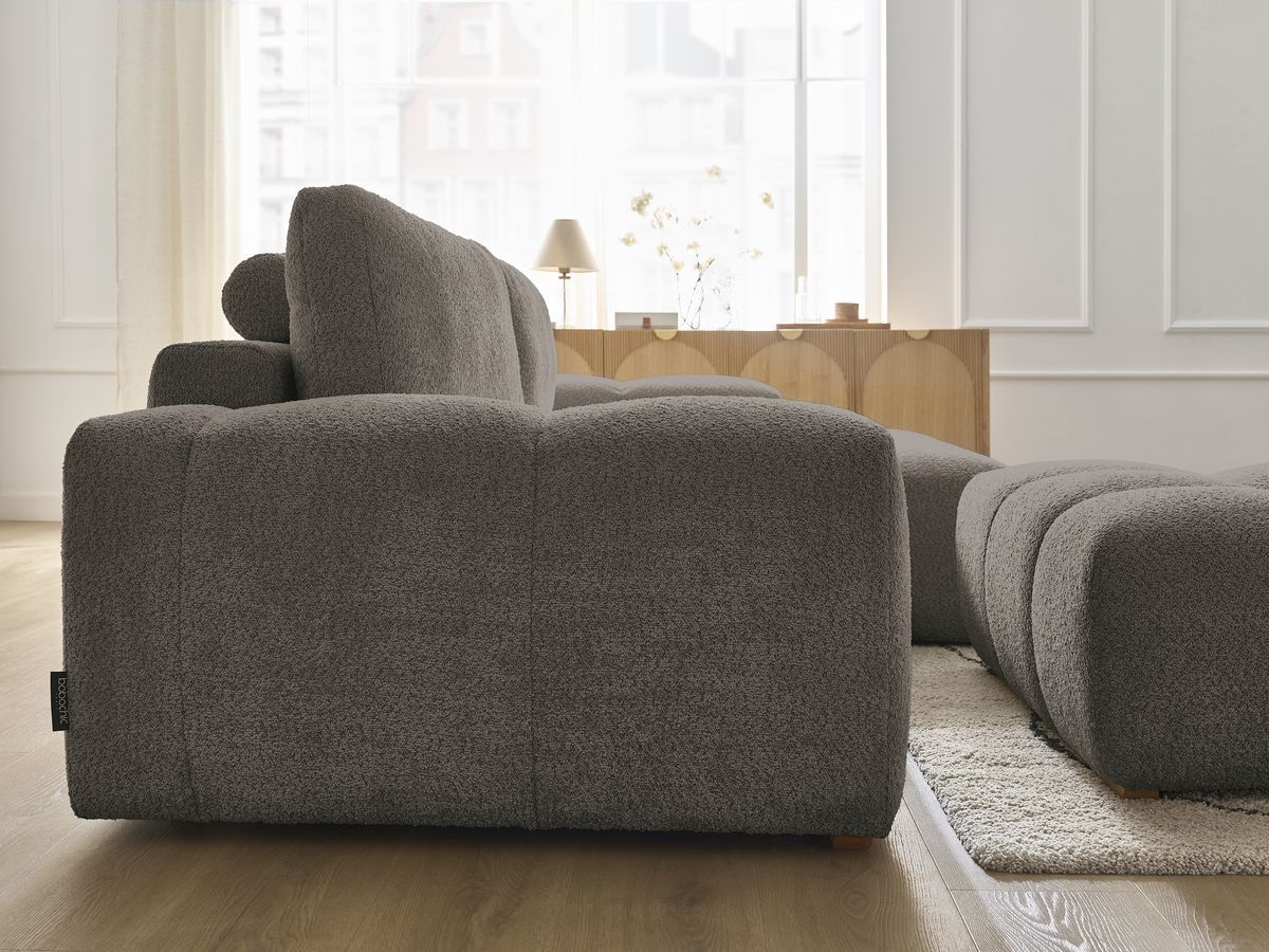 Canapé d'angle convertible réversible coffre ANAKIN tissu bouclette avec pouf