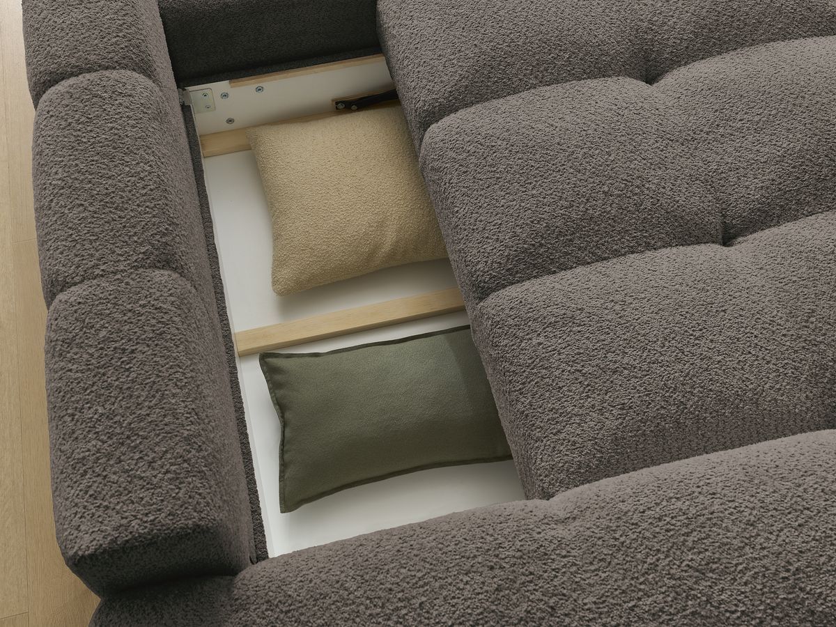 Canapé d'angle convertible réversible coffre ANAKIN tissu bouclette avec pouf