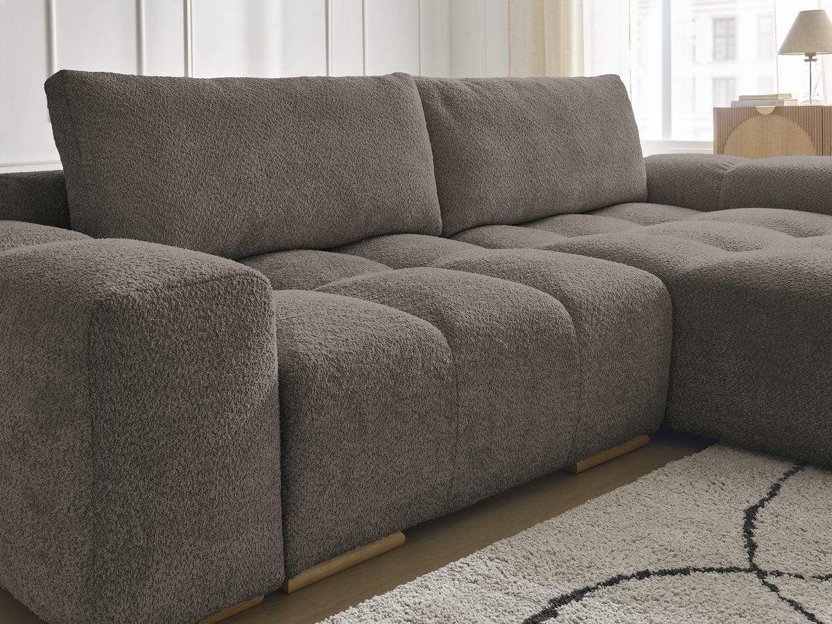 Canapé d'angle convertible réversible coffre ANAKIN tissu bouclette avec pouf