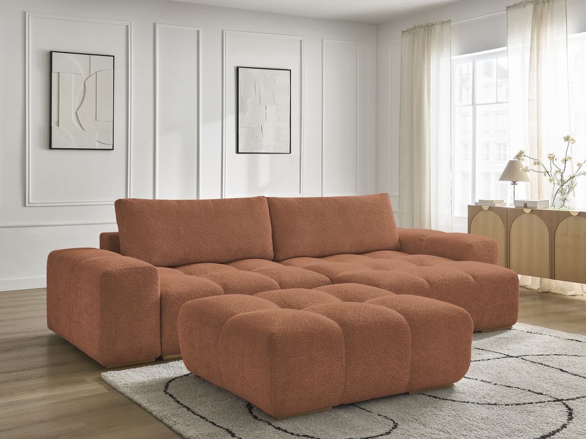Canapé d'angle convertible réversible coffre ANAKIN tissu bouclette avec pouf