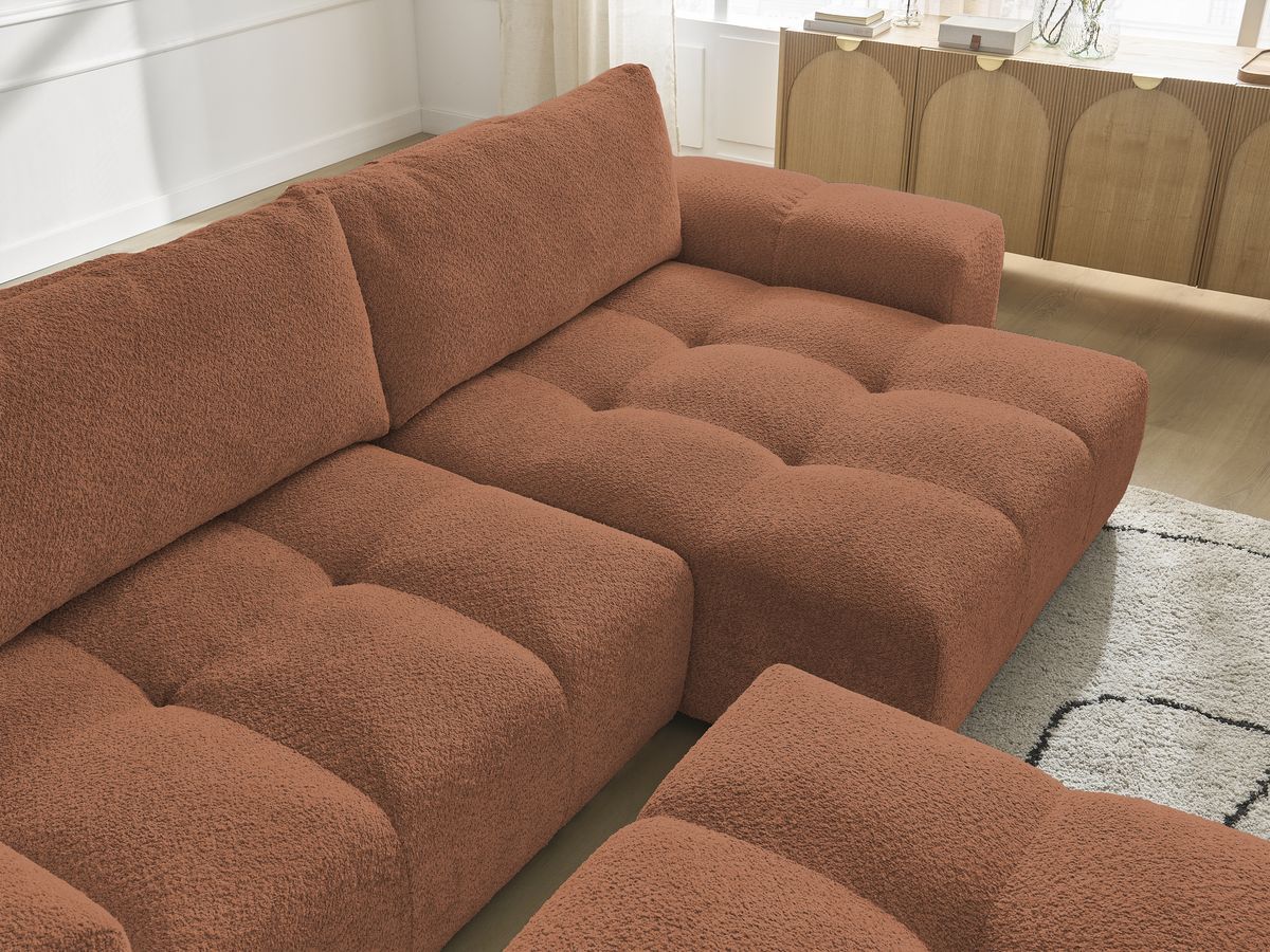 Canapé d'angle convertible réversible coffre ANAKIN tissu bouclette avec pouf