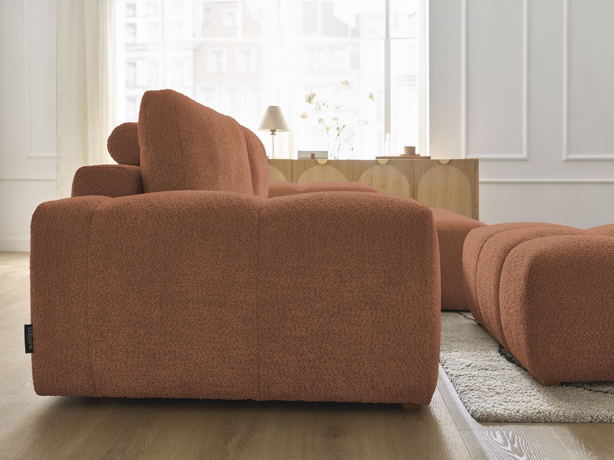 Canapé d'angle convertible réversible coffre ANAKIN tissu bouclette avec pouf