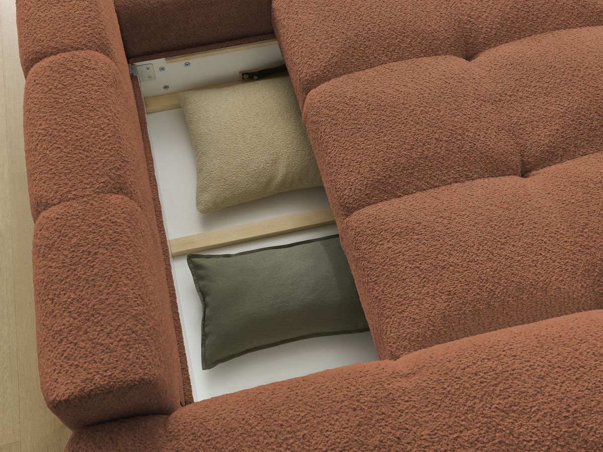 Canapé d'angle convertible réversible coffre ANAKIN tissu bouclette avec pouf