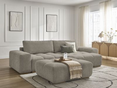 Canapé d'angle convertible réversible coffre ANAKIN tissu bouclette avec pouf