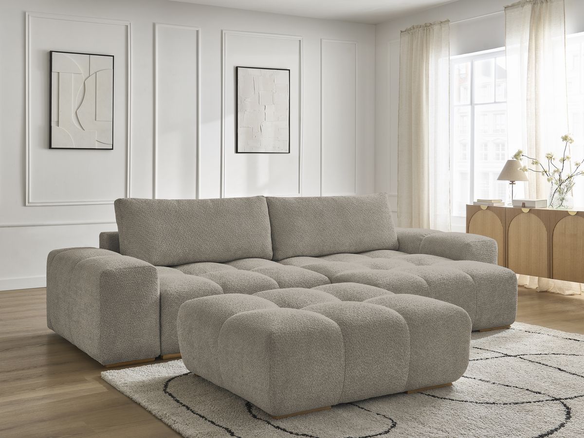 Canapé d'angle convertible réversible coffre ANAKIN tissu bouclette avec pouf
