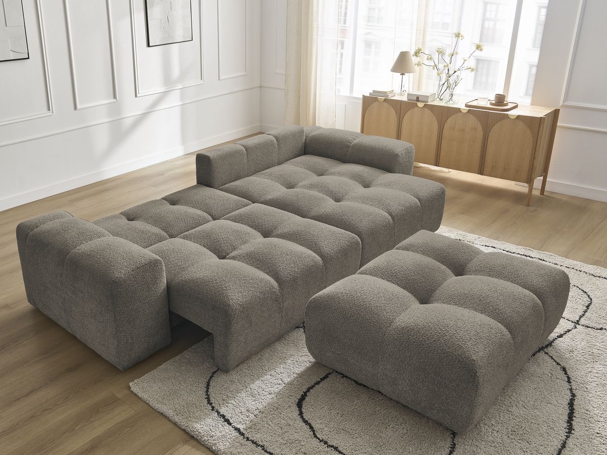 Canapé d'angle convertible réversible coffre ANAKIN tissu bouclette avec pouf