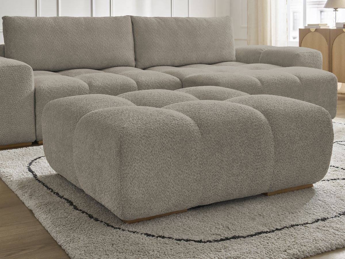 Canapé d'angle convertible réversible coffre ANAKIN tissu bouclette avec pouf