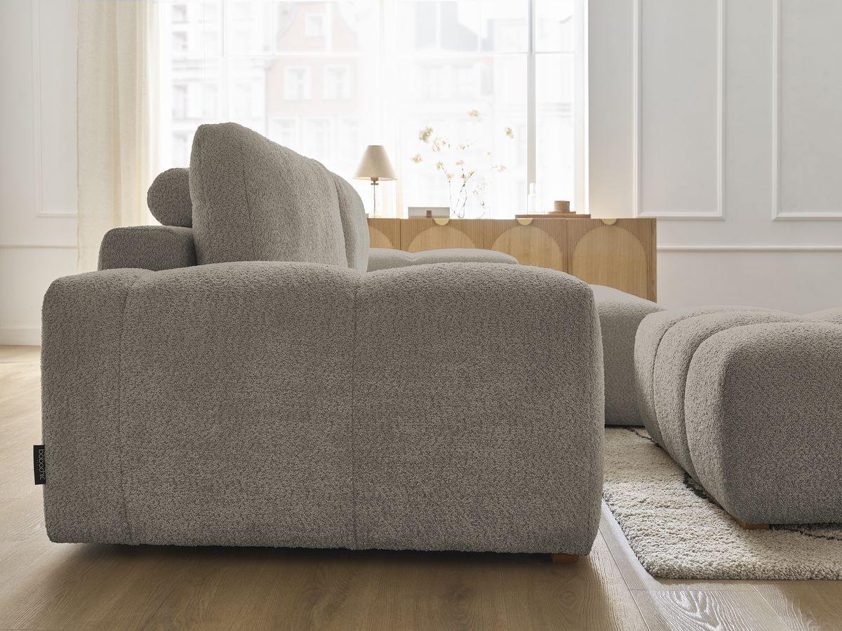 Canapé d'angle convertible réversible coffre ANAKIN tissu bouclette avec pouf