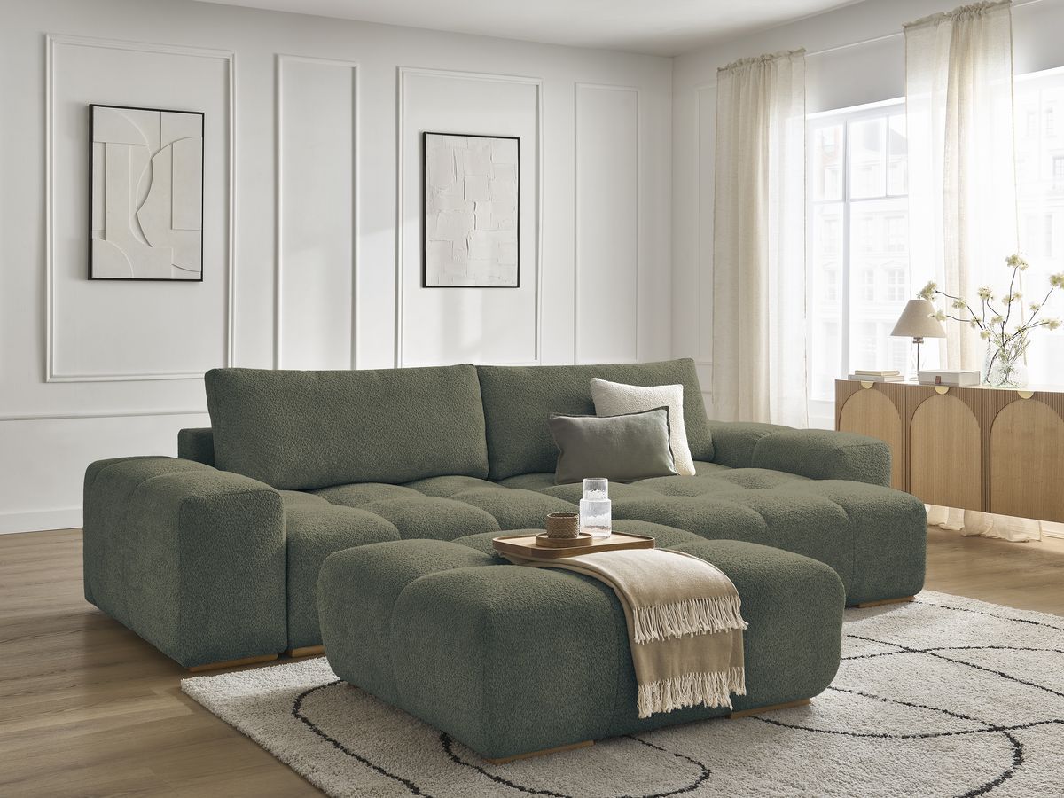 Canapé d'angle convertible réversible coffre ANAKIN tissu bouclette avec pouf