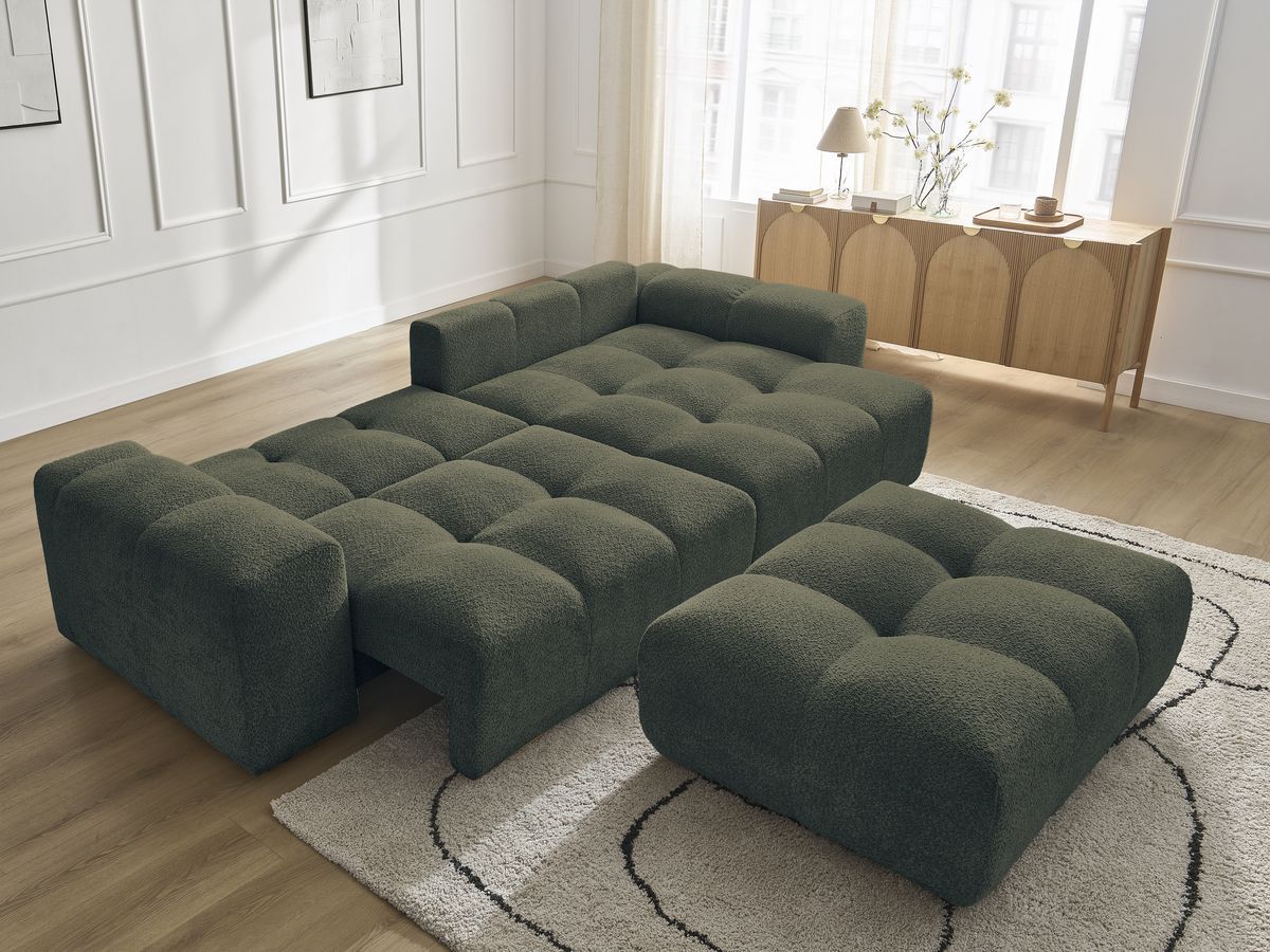 Canapé d'angle convertible réversible coffre ANAKIN tissu bouclette avec pouf