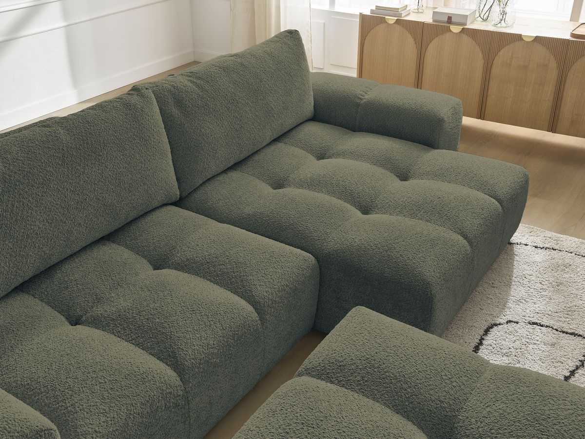 Canapé d'angle convertible réversible coffre ANAKIN tissu bouclette avec pouf