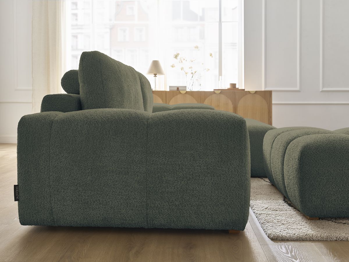 Canapé d'angle convertible réversible coffre ANAKIN tissu bouclette avec pouf