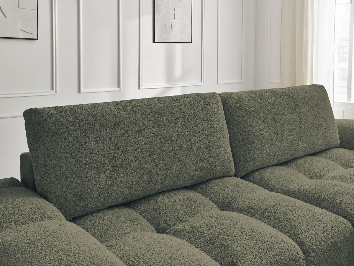 Canapé d'angle convertible réversible coffre ANAKIN tissu bouclette avec pouf