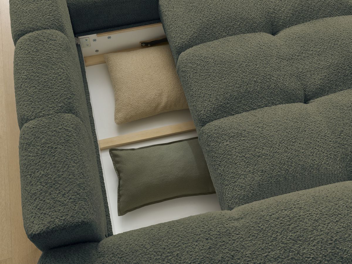 Canapé d'angle convertible réversible coffre ANAKIN tissu bouclette avec pouf
