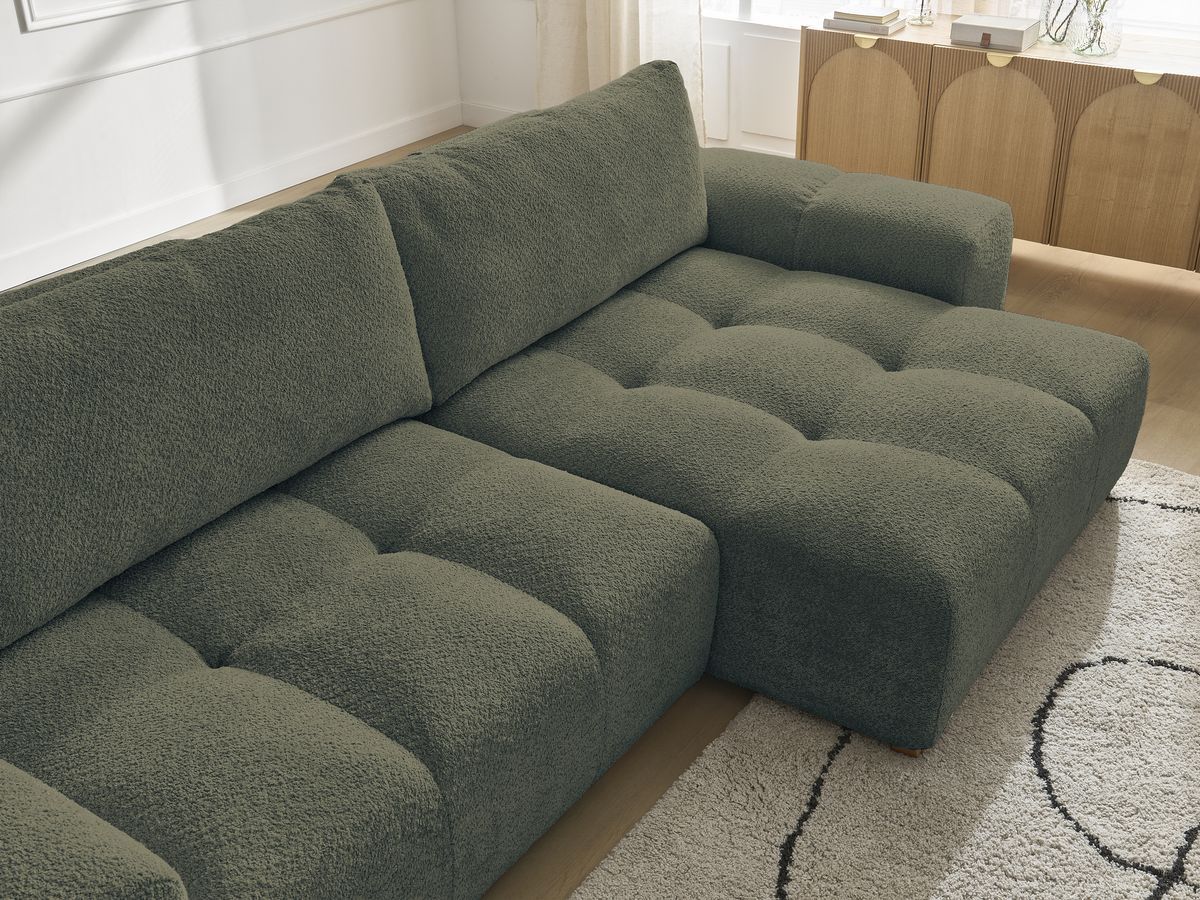 Canapé d'angle convertible réversible coffre ANAKIN tissu bouclette avec pouf